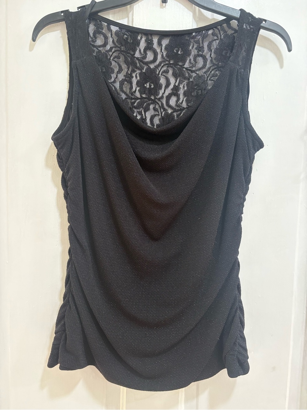 Frank Lyman Vintage Design Black Draped Cowl Tank with Lace Back
